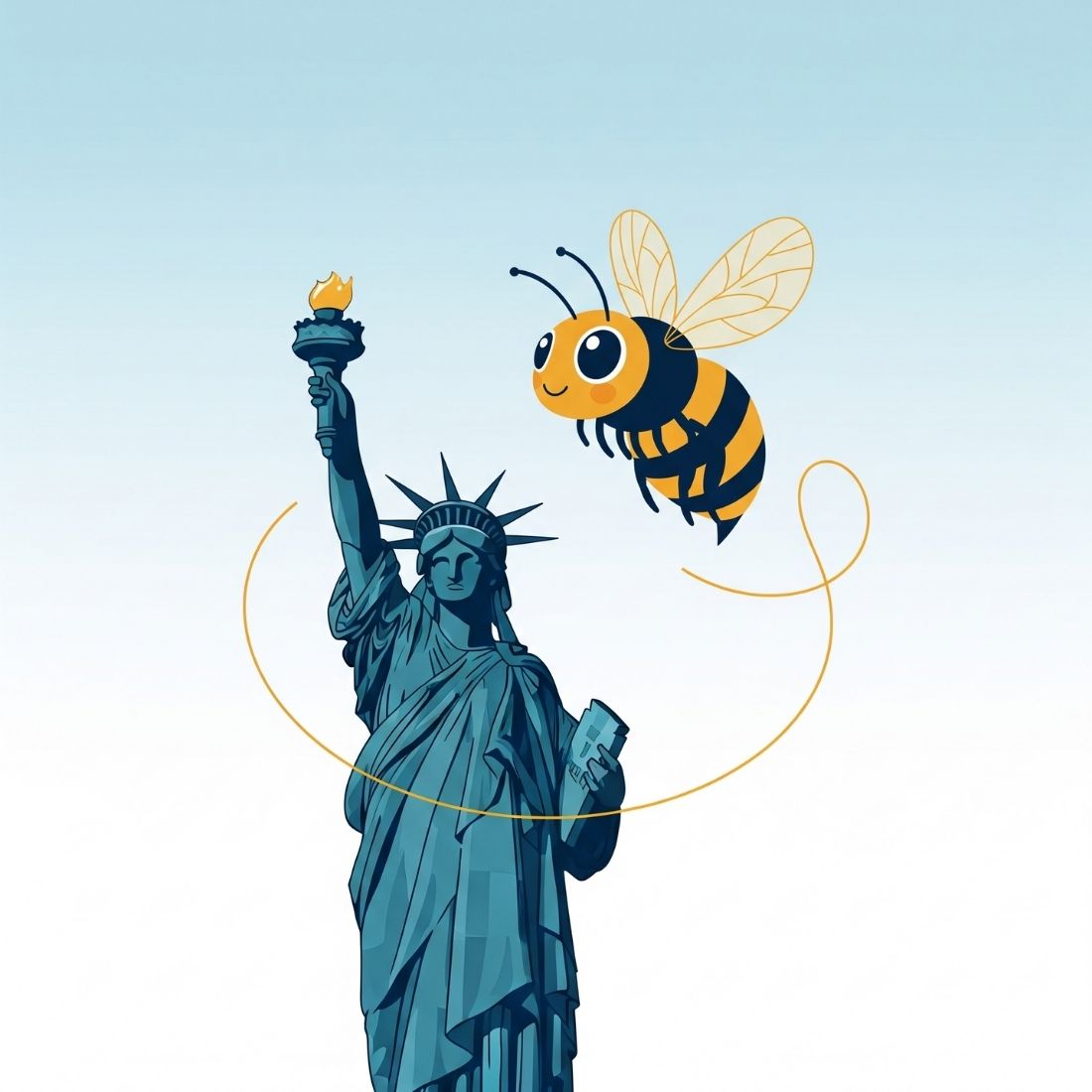 Illustration of the Statue of Liberty beside the Blasingame Law bee mascot